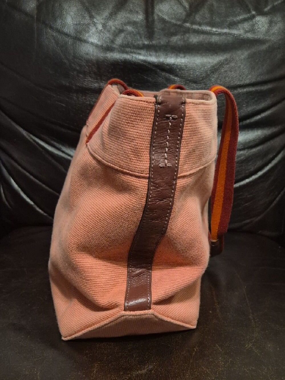 Coach Pink Canvas Tote with Striped Orange-Burgundy Handles - Picture 3 of 10